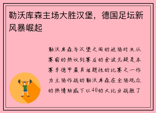 勒沃库森主场大胜汉堡，德国足坛新风暴崛起